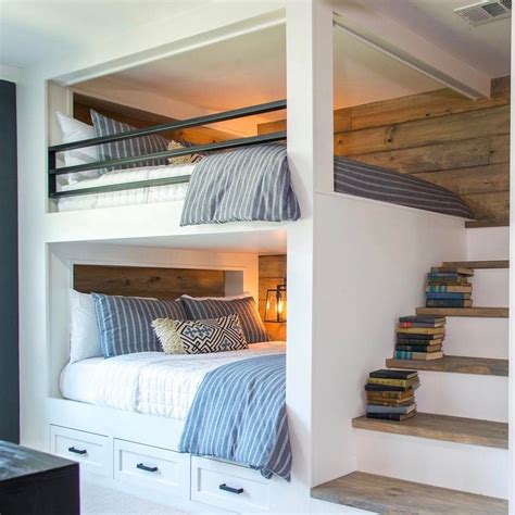 Built In Bunk Beds With Stairs Love The Raw Wood Planking On The Wall