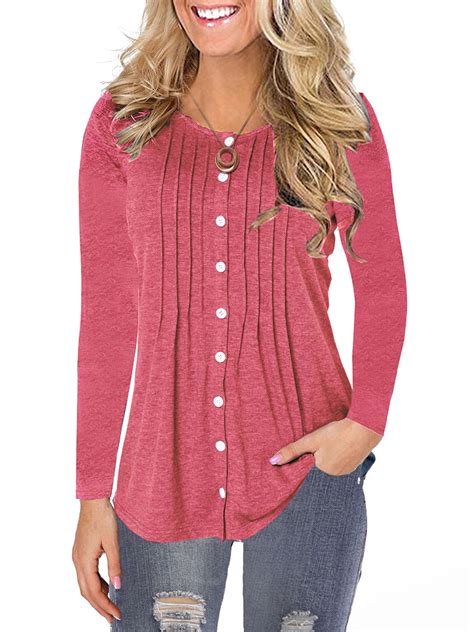 Autumn Long Sleeve Pleated Button Down Tunic Tops For Women Casual Loose Round Neck T Shirt