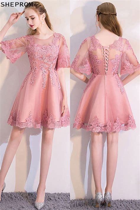 Pink Lace Short Homecoming Dress With Puffy Sleeves Pink A Line Dress