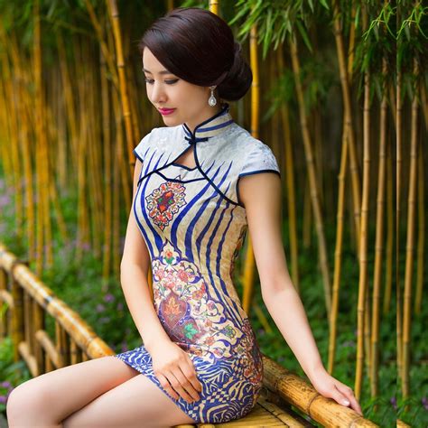 Modern Enamel Print Short Qipao Cheongsam Dress Qipao Cheongsam And Dresses Women Qipao