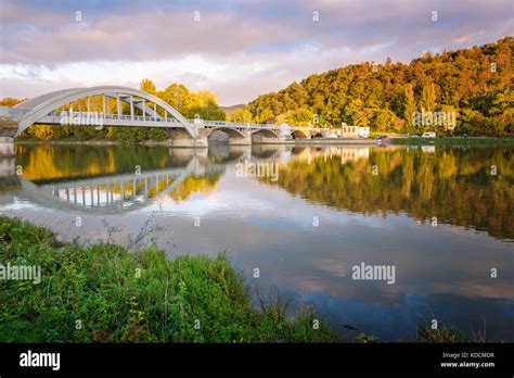 Bridge In Piestany Slovakia Dark Sky Colorful Autumn Stock Photo