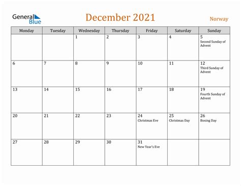 Free December 2021 Norway Calendar