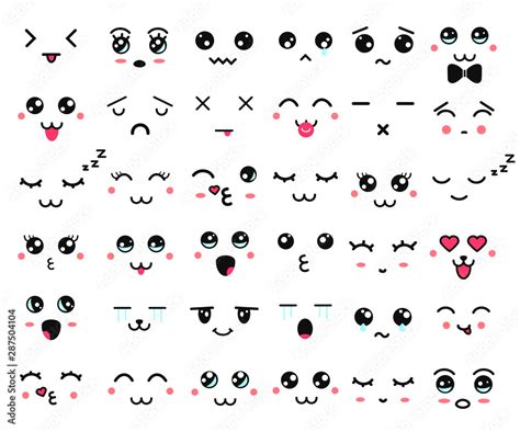Kawaii Cute Faces Manga Style Eyes And Mouths Funny Cartoon Japanese Emoticon In In Different