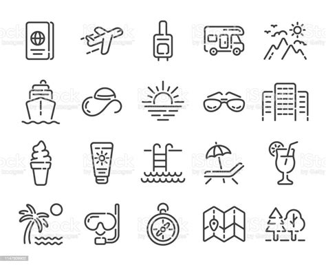 Set Of Summer Vacation Travel Or Tourism Outline Icons Vector