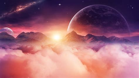 Cloud Galaxy Moon Mountain Planet Sky Sunbeam Sunset Hd