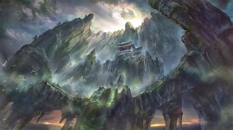 Artwork Fantasy Art Pagoda Asian Architecture Mountains Waterfall