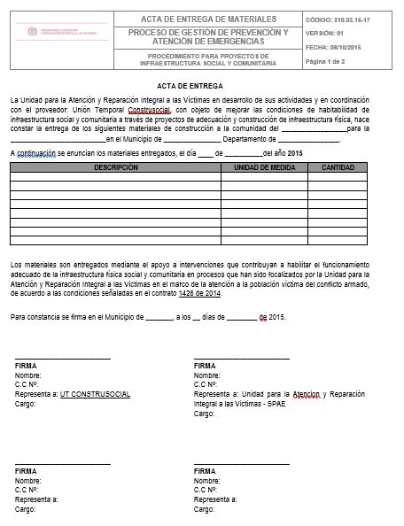 Formato Acta De Entrega Materiales Y O Mobiliario V1 Unidad Para