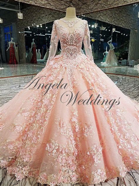 Luxury Pink Lace Long Sleeve Ball Gown Wedding Dress Beaded Flowers Angelaweddings Ball