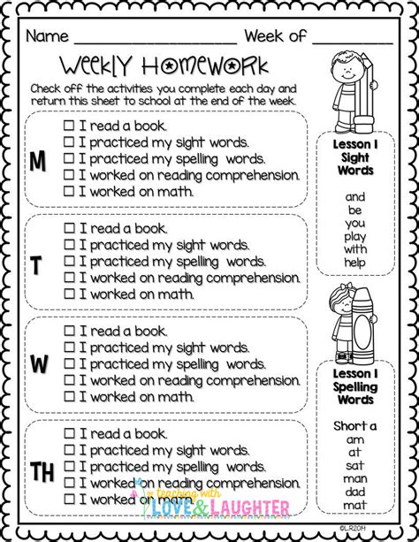 Editable Weekly Homework Checklists Kindergarten Homework First