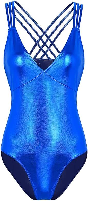 Tiaobug Damen Wetlook Badeanzug V Ausschnitt Metallic Schwimmanzug
