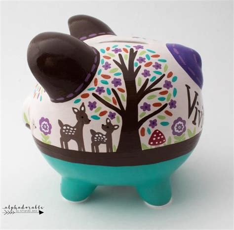 Woodland Animal Personalized Piggy Bank In Teal With Fox Etsy