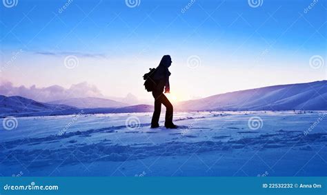 Woman Traveler Hiking In Winter Mountains Stock Photo Image Of Hiking