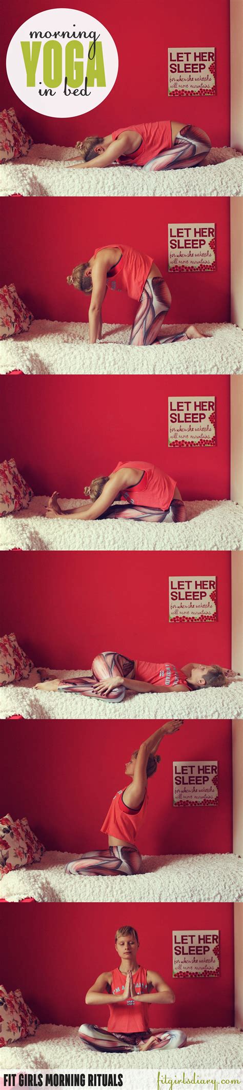 A Woman Is Doing Yoga On Top Of The Bed In Front Of A Red Wall