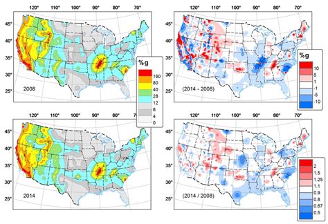 Us National Seismic Hazard Maps For 2008 Top Left And 2014 Bottom