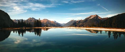 Download Wallpaper 2560x1080 Mountains Forest Trees Lake Reflection