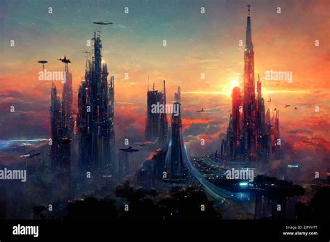 Epic Scene Of Futuristic Dystopian City With Huge Megastructures And