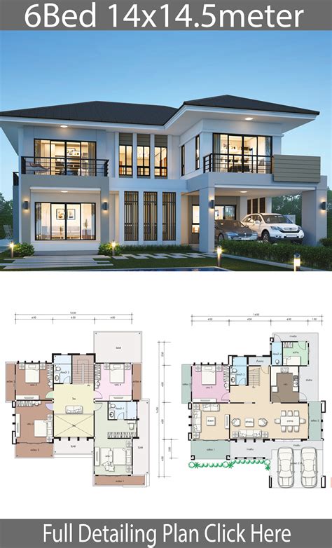 House Design Plan 14x145m With 6 Bedrooms House Plans 3d 4f3