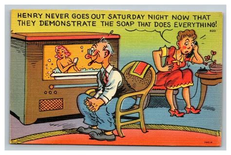 Vintage 1940s Comic Postcard Old Man Watching Risqué Sexy Television