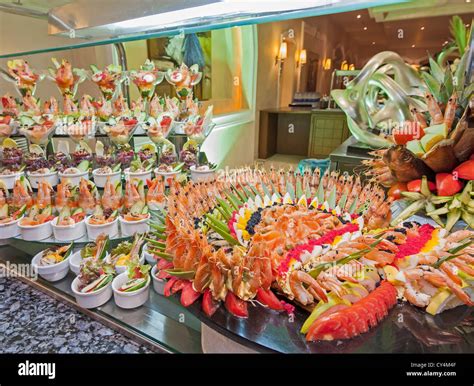 Large Seafood Display At A Restaurant Buffet In Luxury Hotel Stock