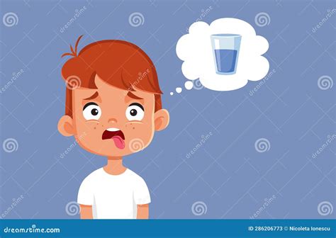 Thirsty Boy Thinking About A Glass Of Water Vector Cartoon Illustration