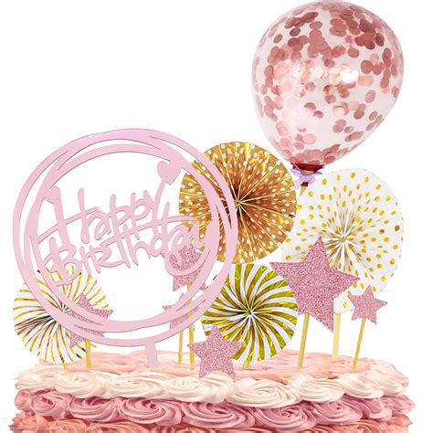 Buy Pcs Happy Birthday Cake Topper Set Rose Gold Acrylic Round Frame Cupcake Topper Paper