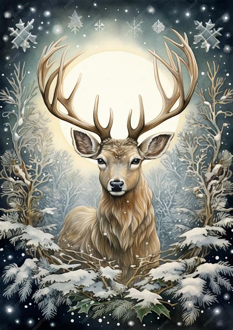 Premium Ai Image Painting Of A Deer In A Snowy Forest With A Full