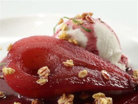 Red Wine Poached Pear Filled With Vanilla Ice Cream And