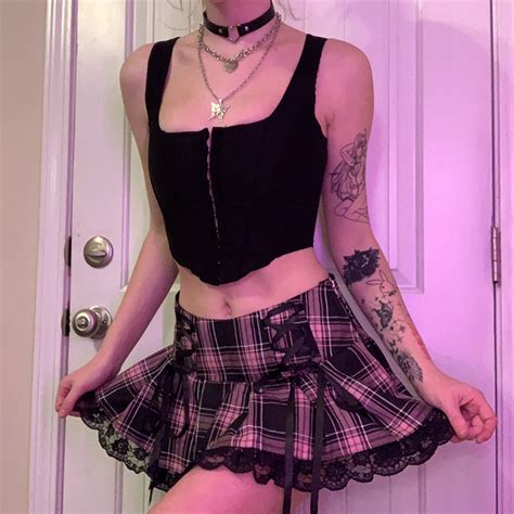 Pink Plaid Pleated Pastel Goth Lace Skirt Goth Aesthetic Shop