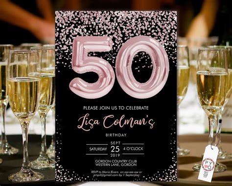 Diy 50th Birthday Pink Foil Balloon Confetti Invitation Printable
