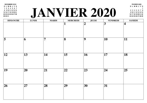 Calendrier Janvier 2020 Pdf Imprimable