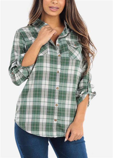 Moda Xpress Womens 34 Sleeve Shirt Button Up Flannel Plaid Green