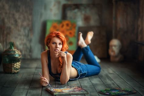 Women Model Redhead On The Floor Women Indoors Painting Depth Of Field Wooden Floor Bare