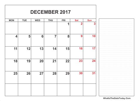 2017 Printable December Calendar With Notes Whatisthedatetodaycom