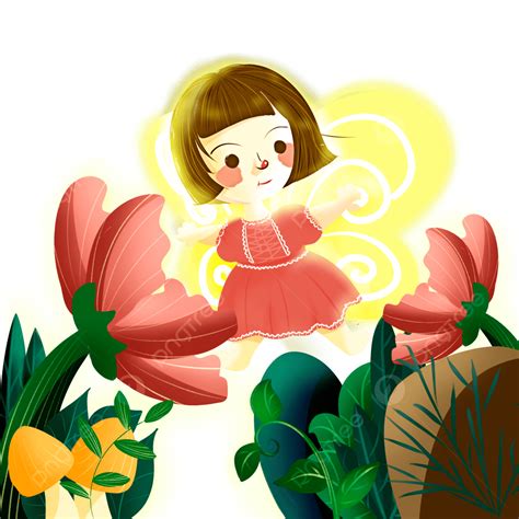 The Luminous Butterfly Girl In The Garden Hand Draw Cartoon Cute Png
