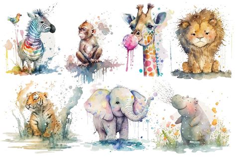 Watercolor Safari Animals Isolated Vector Set Woodland Watercolor Lion