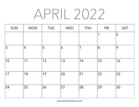 Printable April 2022 Calendar Calendar Options