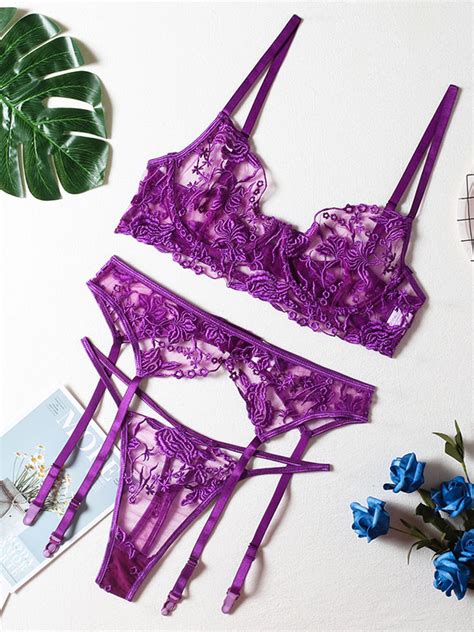 Lingerie Bras For Women Purple Polyester Lace Sheer Sexy Lingerie 3