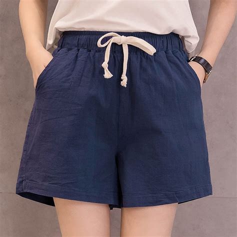 Loose Cotton Linen Elastic Waist Plus Size Shorts Casual Solid Drawstring Pockets Breathe Summer