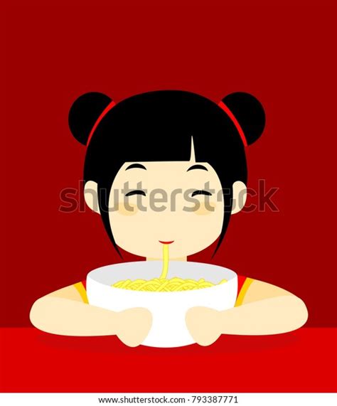 Cute Chinese Girl Eating Noodle Vector Stock Vector Royalty Free 793387771 Shutterstock
