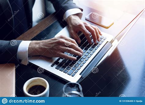 Business Man Using Laptop Computer Male Hand Typing On Laptop Keyboard
