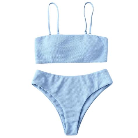 Zaful Bikini Textured Removable Straps Padded Bandeau Light Blue Size