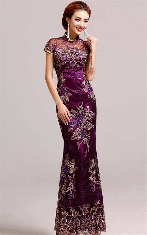 Elegant Purple Mermaid Chinese Evening Dress With Floral Appliques