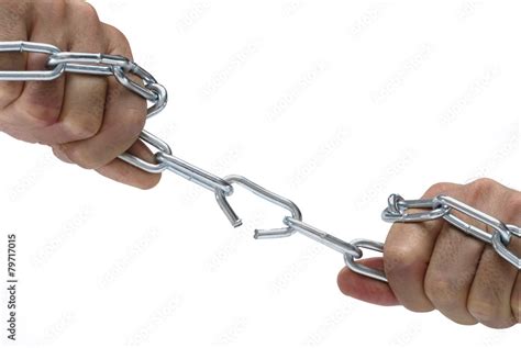 Steel Chain Being Broken Open By Strong Male Hands Strength Weakest