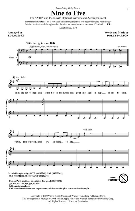 Nine To Five Arr Ed Lojeski Sheet Music Dolly Parton Satb Choir