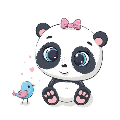 Lindo Bebé Panda Con Pájaro Ilustración Vectorial 3293058 Vector En