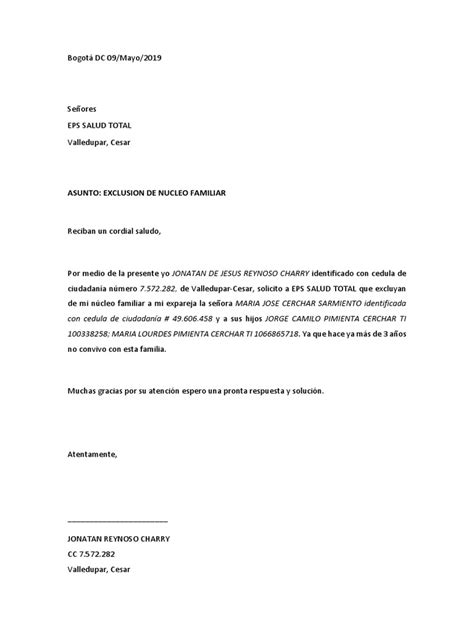 Carta Exclusion Nucleo Familiar Jonathan Reynoso Pdf