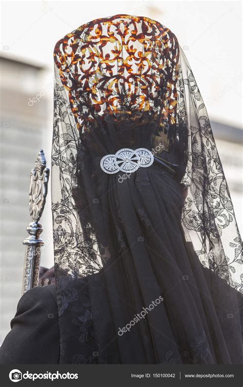 Woman Dressed In Mantilla During A Procession Of Holy Week Spain Stock