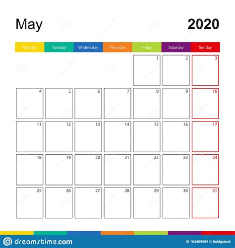 May 2020 Colorful Wall Calendar Week Starts On Monday Stock Vector