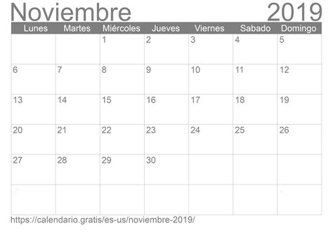 Calendario Noviembre 2019 De Estados Unidos De América En Español ☑️
