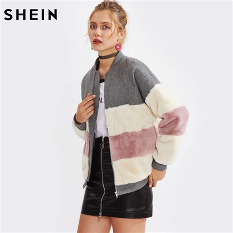 Buy Shein Color Block Faux Fur Panel Jacket Fall